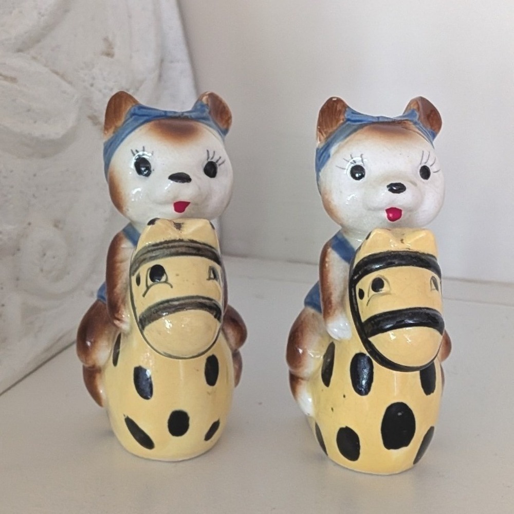 Vintage Japan Anthropomorphic Bears on Horse Floaties Salt and Pepper Shaker Set